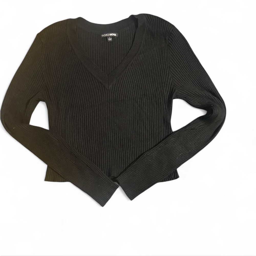 Black Ribbed V-Neck Sweater